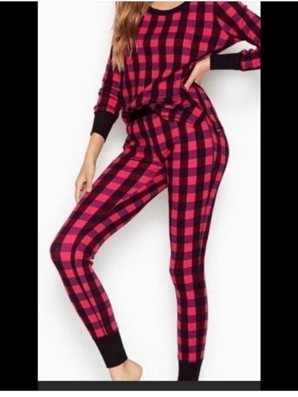 Victoria’s Secret Thermal Pink Black Plaid Pajama Set Size Large